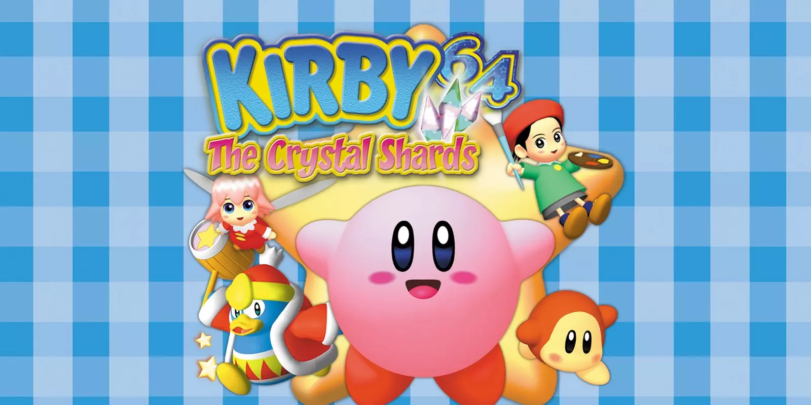 Kirby 64 - Kirby and The Crystal Shards cover Image. Kirby is bursting out of a yellow star shaped hole in a blue gingham background. Around him is a pink haired girl, a blue penguin in a red cloak, a red mushroom and a black haired boy in a green shirt.