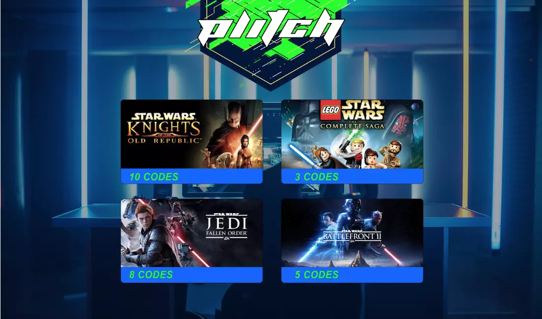 A gaming desk under blue and yellow lights. Superimposed on top is the Plitch logo in green, white and navy. Under these are 4 Star wars games logos with the numbers of free customization codes codes.