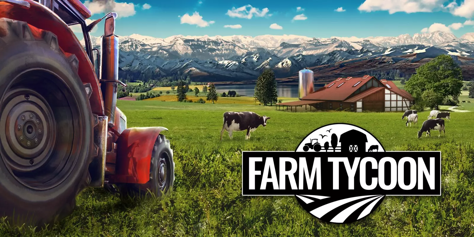Successful Farming in Farm Tycoon. Cover shows a red tractor on the right of a field. In teh distance is a cow and a brown barn. On the right is a white drawing of a farm with the words Farm Tycoon