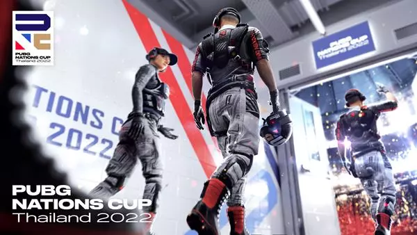 The PUBG Nations 2022 thumbnail shows 3 competitors in racing suits entering a stadium into a crowd with lights. Most of the image is white.
