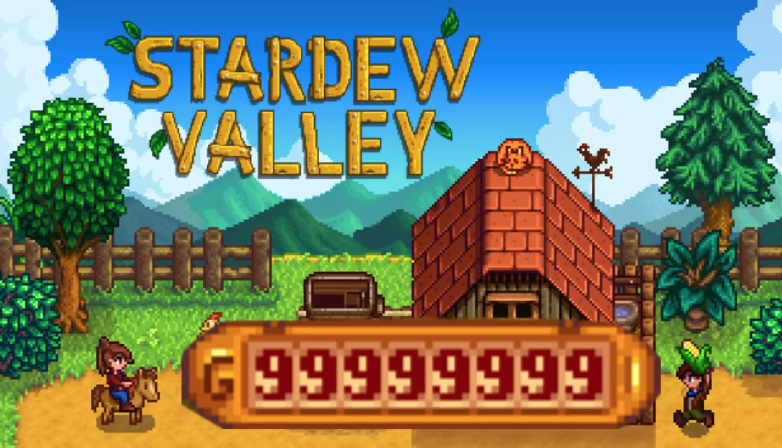 How to make more money in stardew valley cover shows the pixelated farm with a red barn on the right and some trees around it. IN the blue sky aboe there is the words stardew valley. On the very left is a player character on a horse looking to th right, on the very right is another player character holding corn over their head looking left. Between them is a large money counter maxed at 99999999