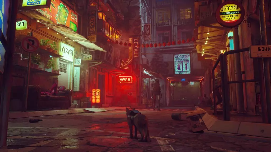 The Stray ginger cat with a black backpack is walking through a red-tinted alleyway. Shops and a robot attendants can be seen in the background