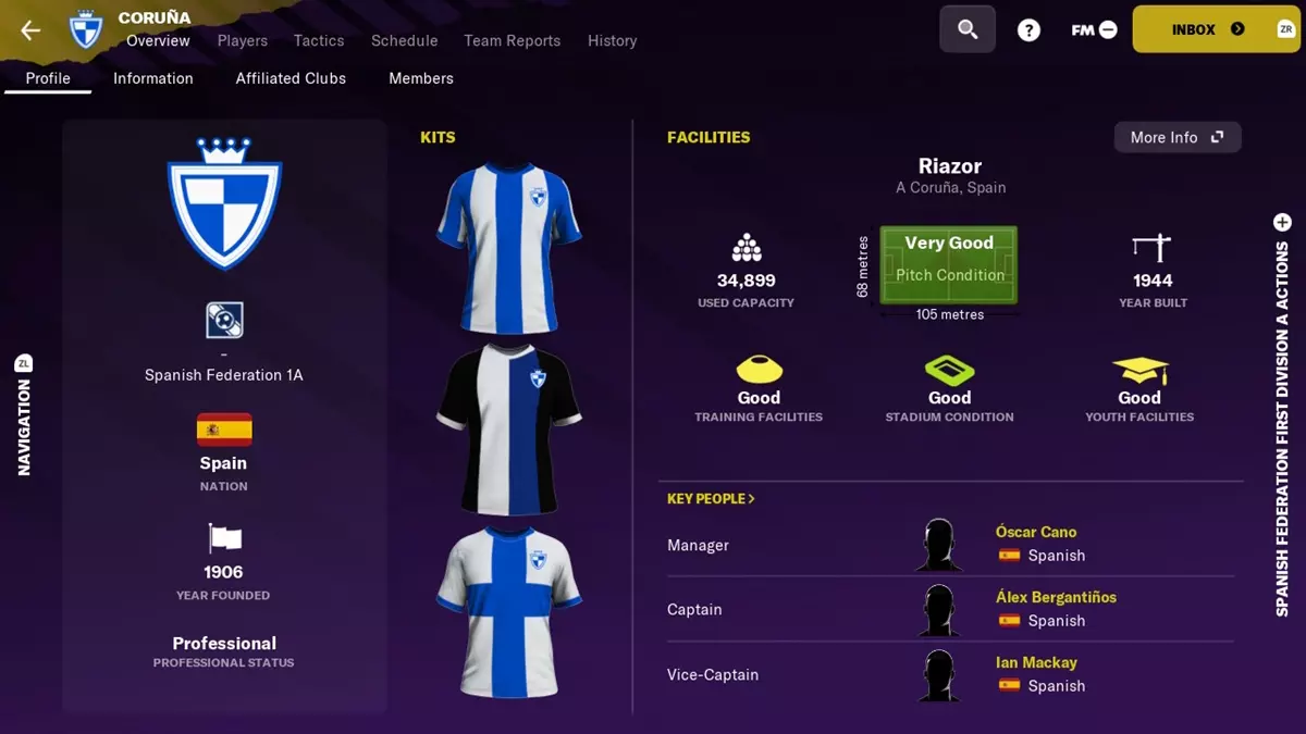FM23 Challenges - Screenshot of Deportivo team information