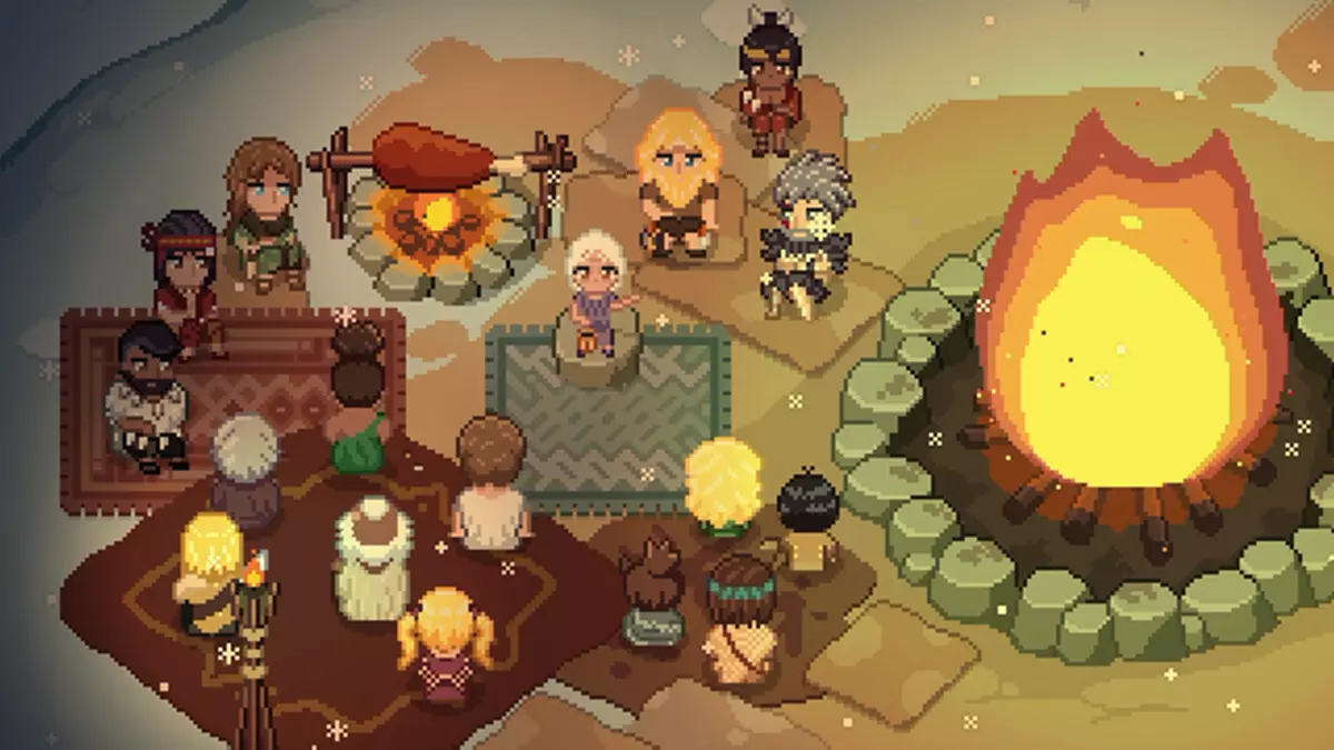 Roots of Pacha characters sat at a fire