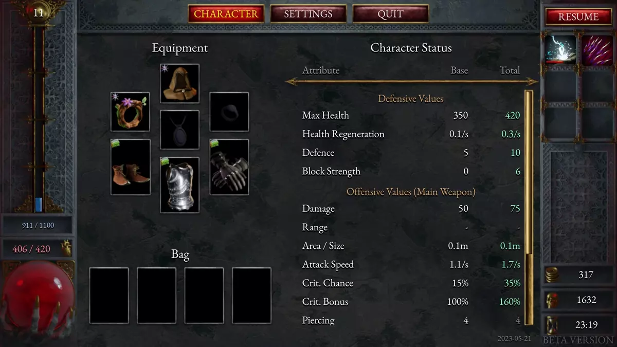 Halls of Torment Items Guide - image of character menu