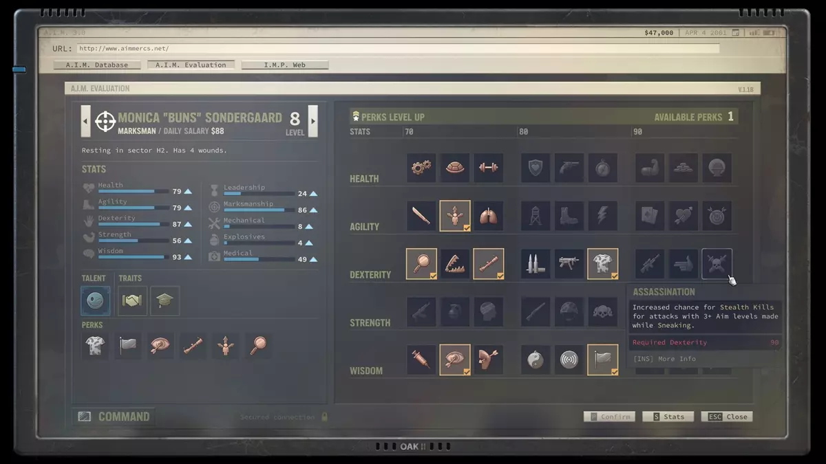 Jagged Alliance 3 Perks - screenshot of profile menu